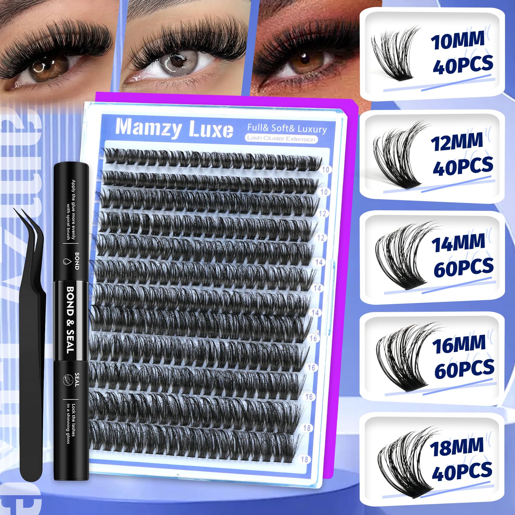 Mamzy Luxe Fluffy Lash Clusters Kit 60D closeup 10-18mm shows natural texture.