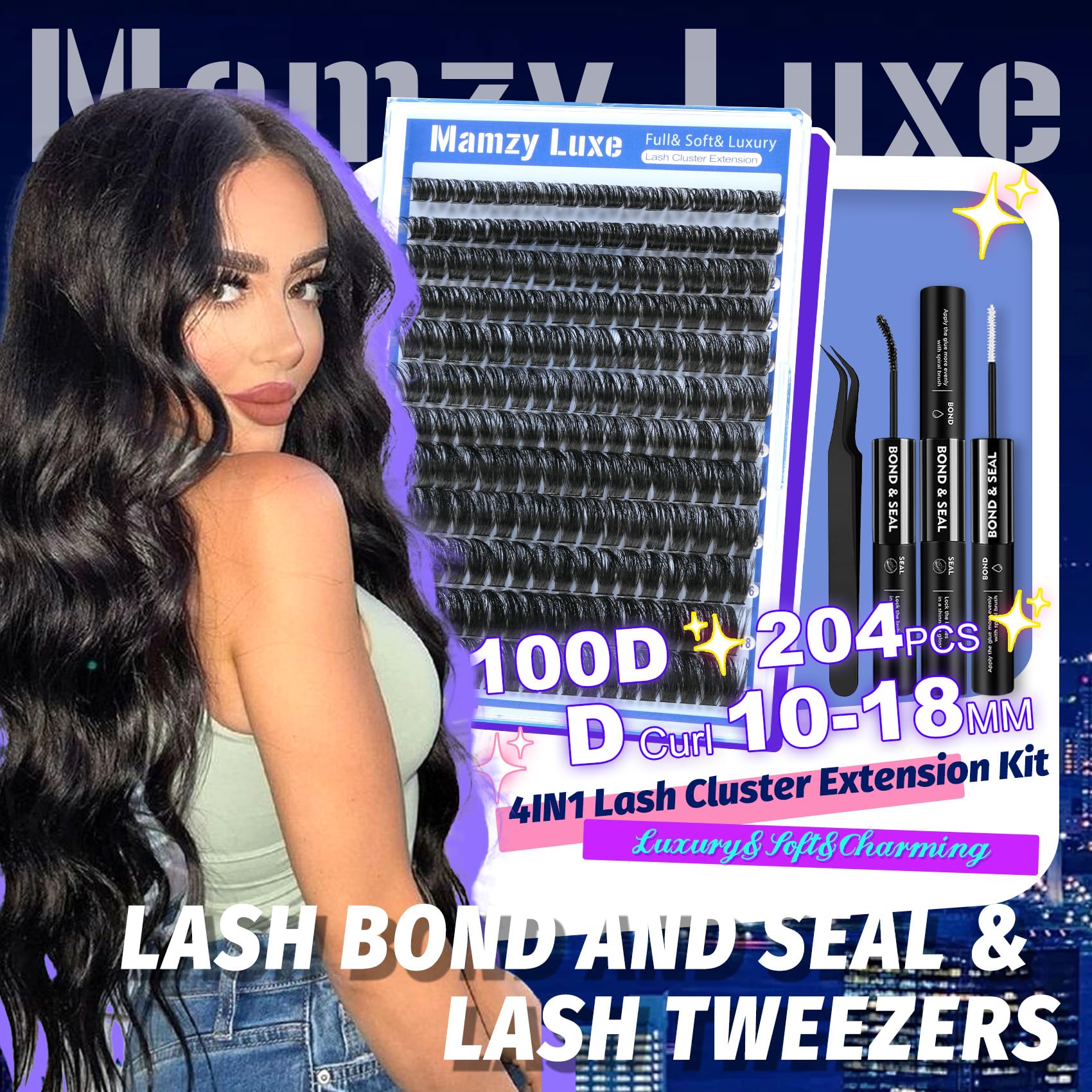 Mamzy Luxe lash extension kit includes glue and tweezers for easy DIY.