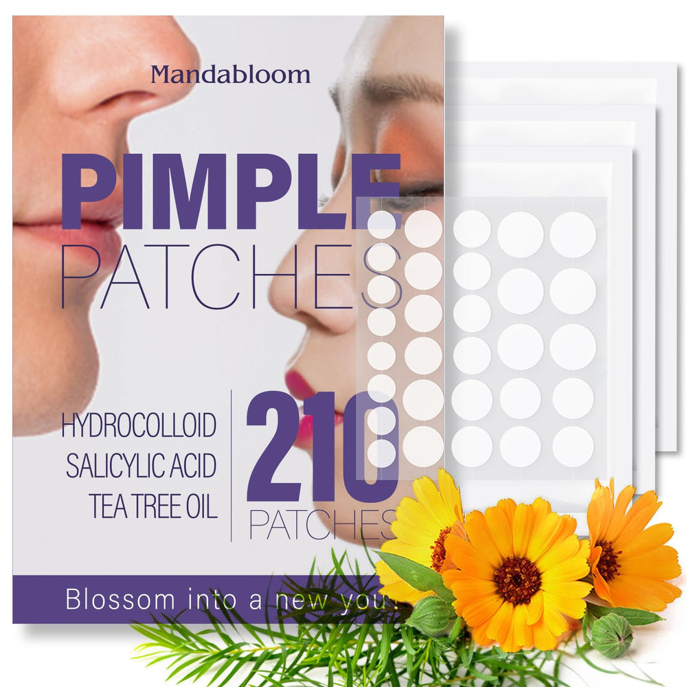 Mandabloom Acne Pimple Patches 210-pack packaging for on-the-go blemish care.