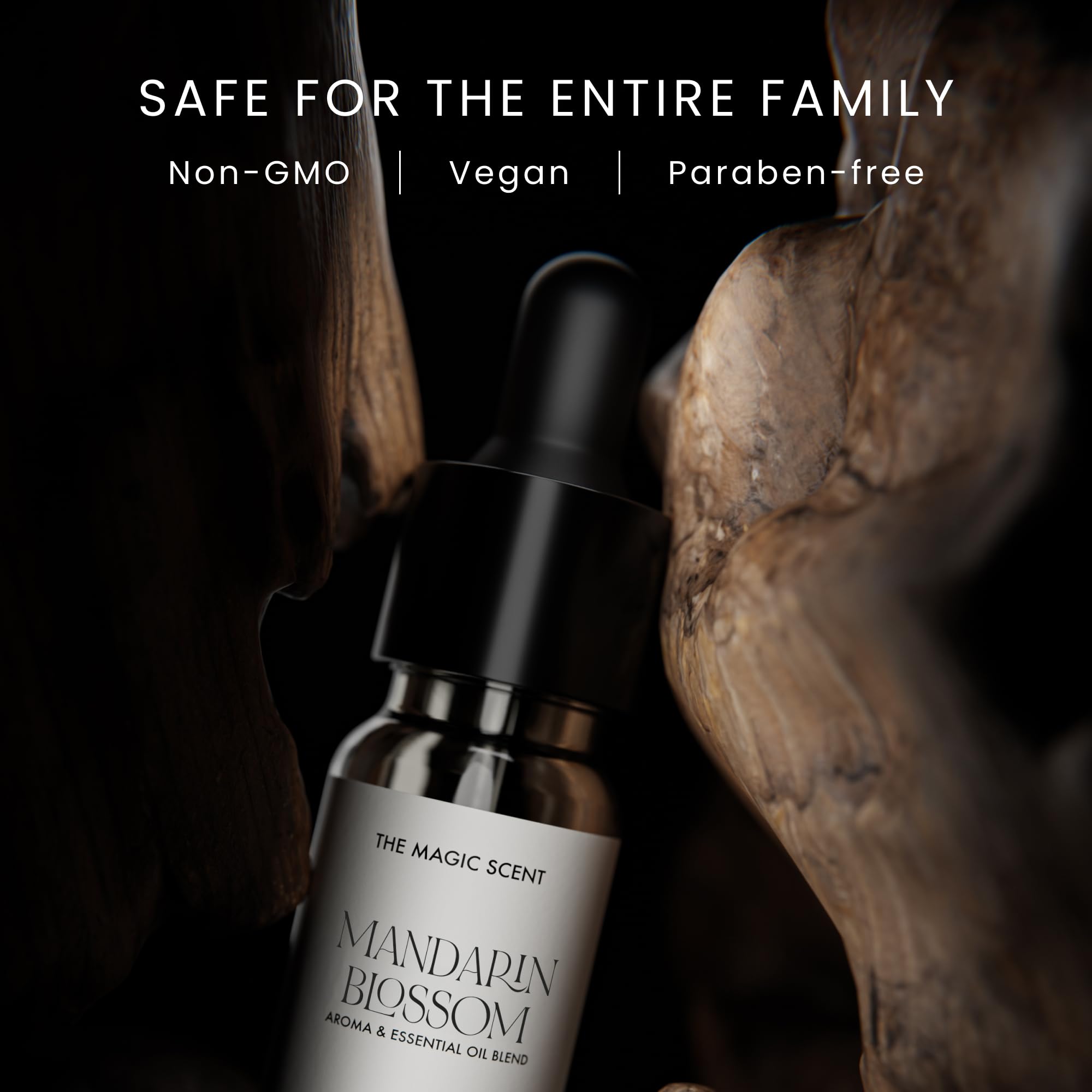 Close-up of Mandarin Blossom diffuser oil bottle with label