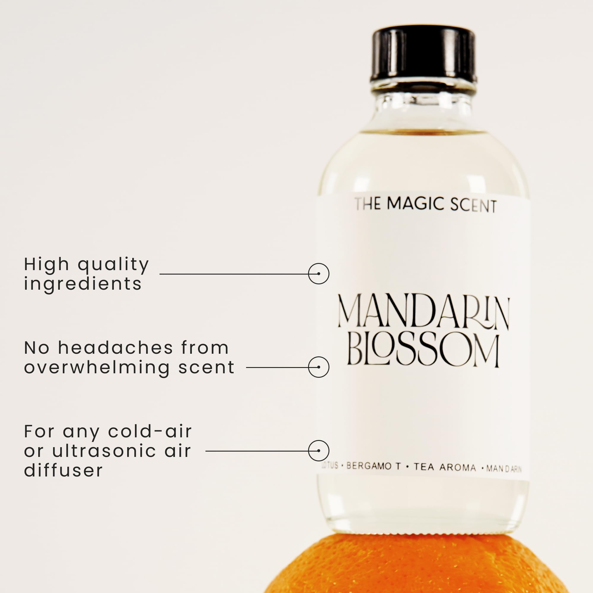 Close-up of Mandarin Blossom label on diffuser oil bottle