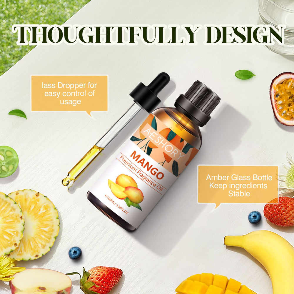 Close-up of mango fragrance oil liquid and bottle