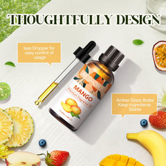 Close-up of mango fragrance oil liquid and bottle