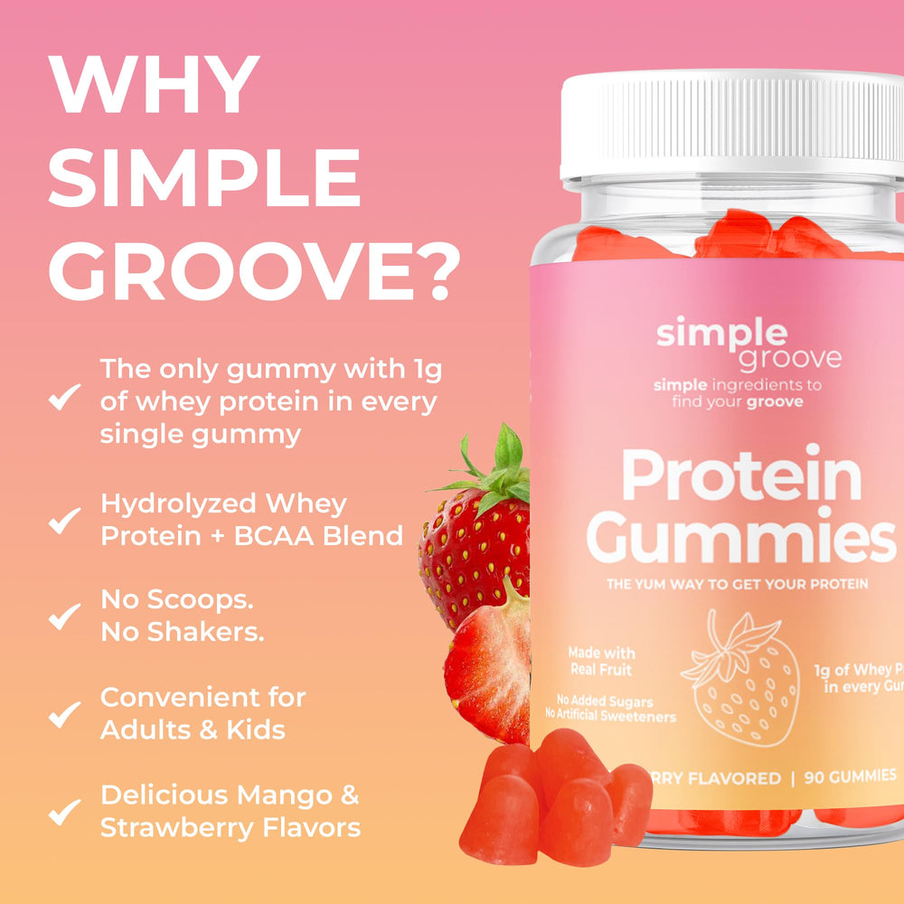 Mango and strawberry flavored protein gummies.