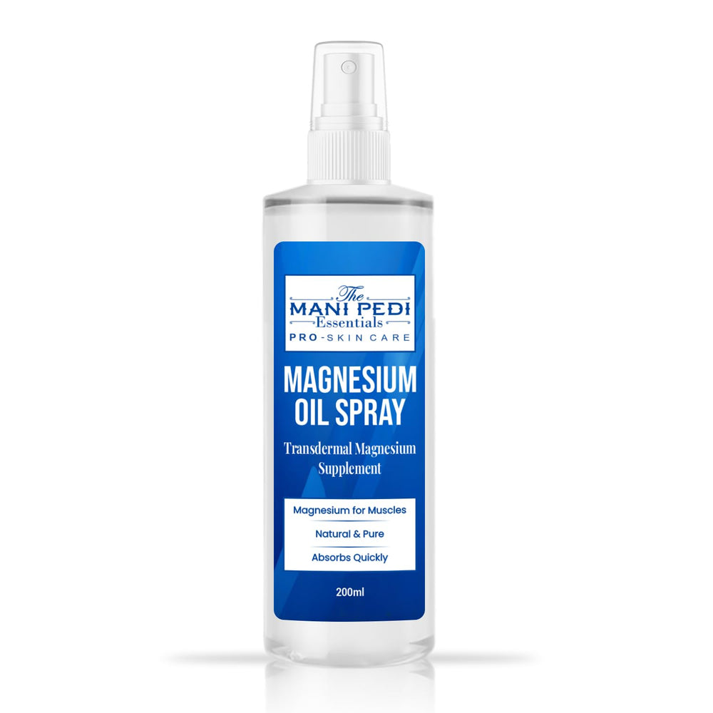 The Mani Pedi Essentials Magnesium Oil Spray bottle on a white background