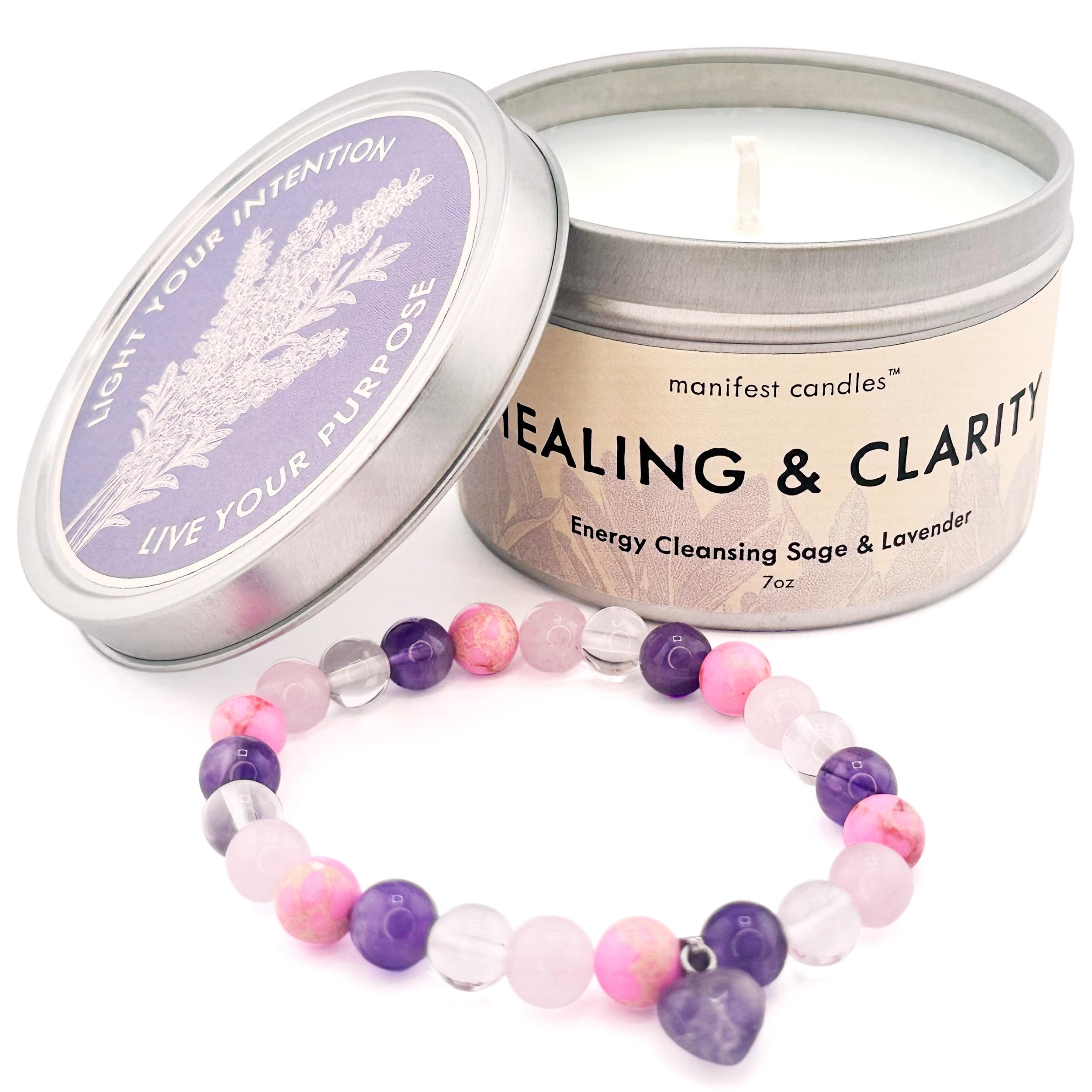 7oz candle with crystal bracelet and ambient light