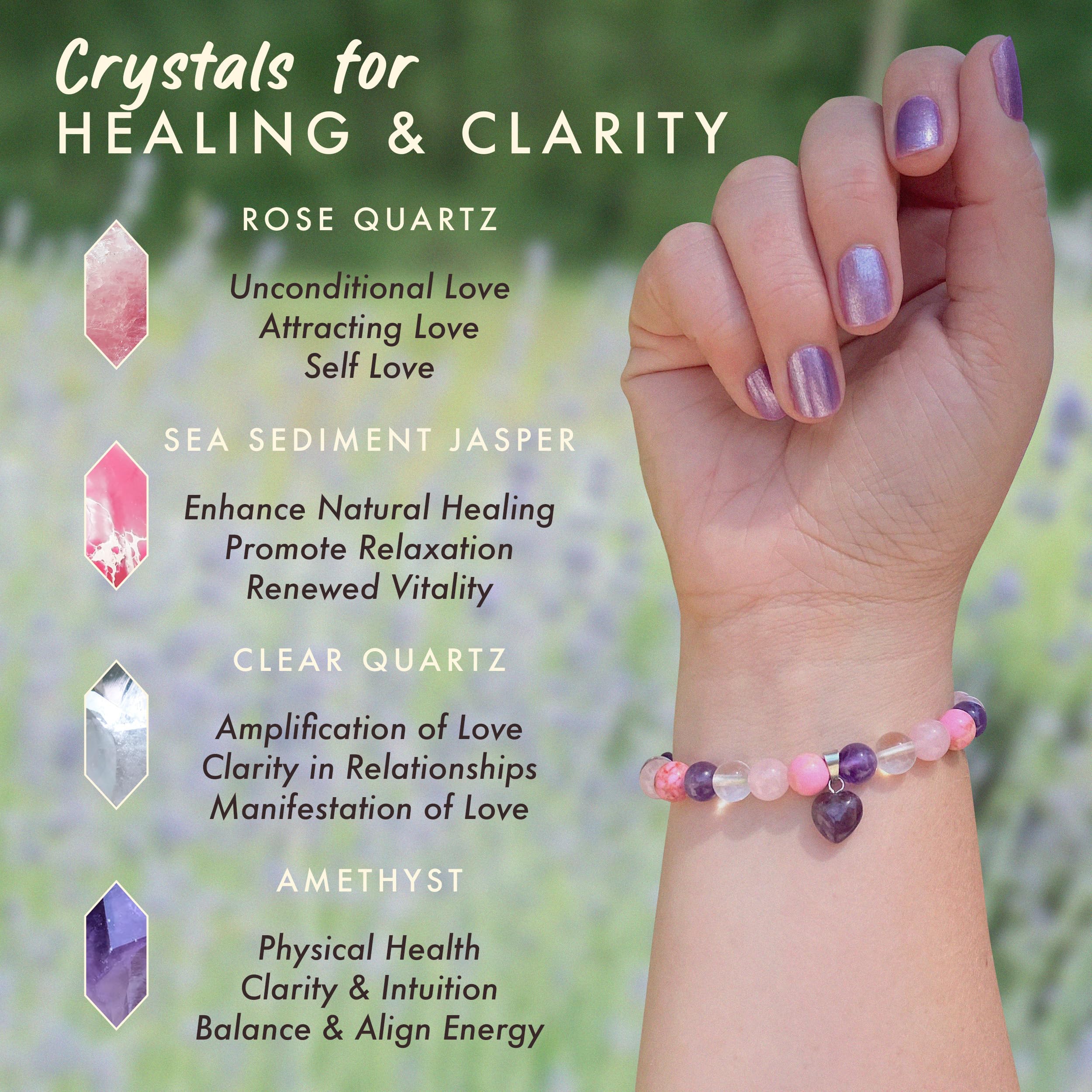 Crystal bracelet stones close-up: rose quartz, sea sediment jasper, clear quartz, amethyst