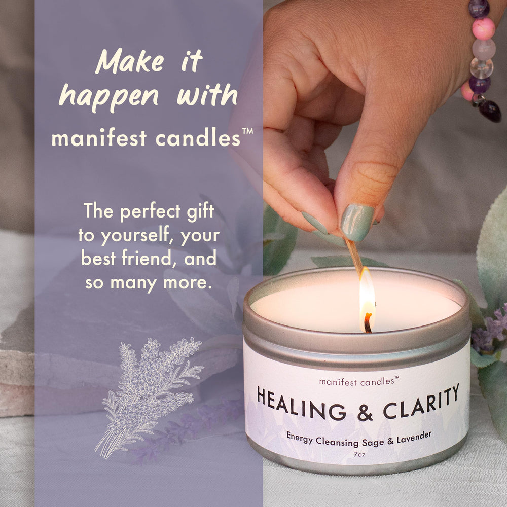 Lavender & Sage candle with crystal bracelet close-up in jar