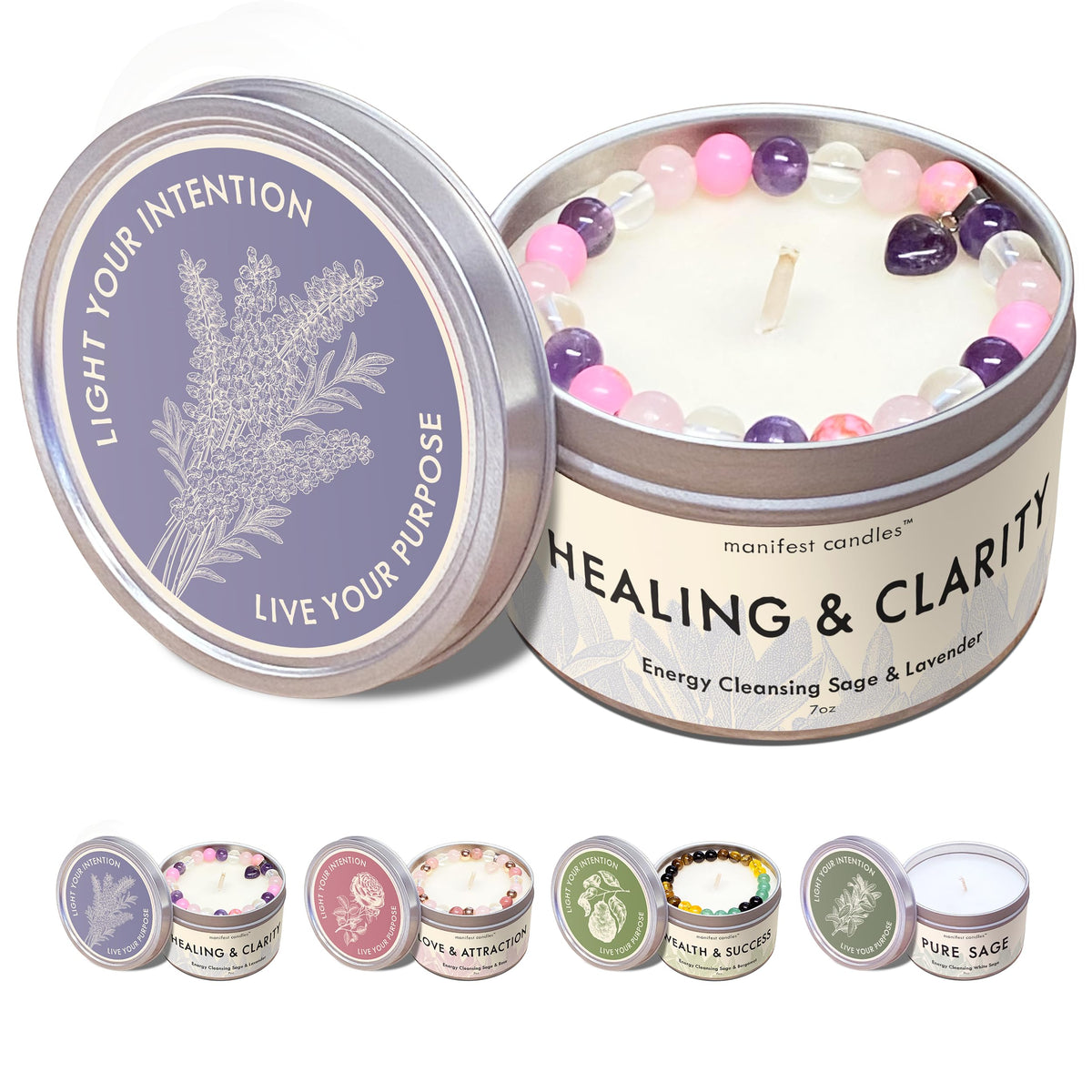 7oz Lavender & Sage Healing Candle with Crystal Bracelet - front view