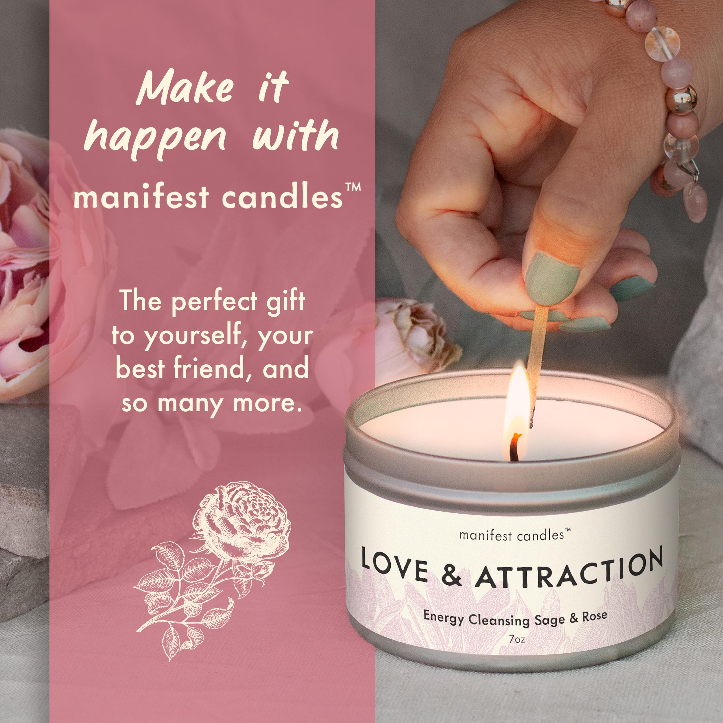 Close-up of sage and rose scented candle with long burn time