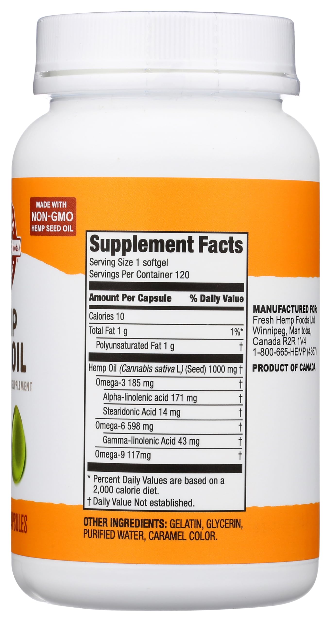 Close-up of hemp seed oil softgels showing 780 mg Omegas 3 & 6 per serving