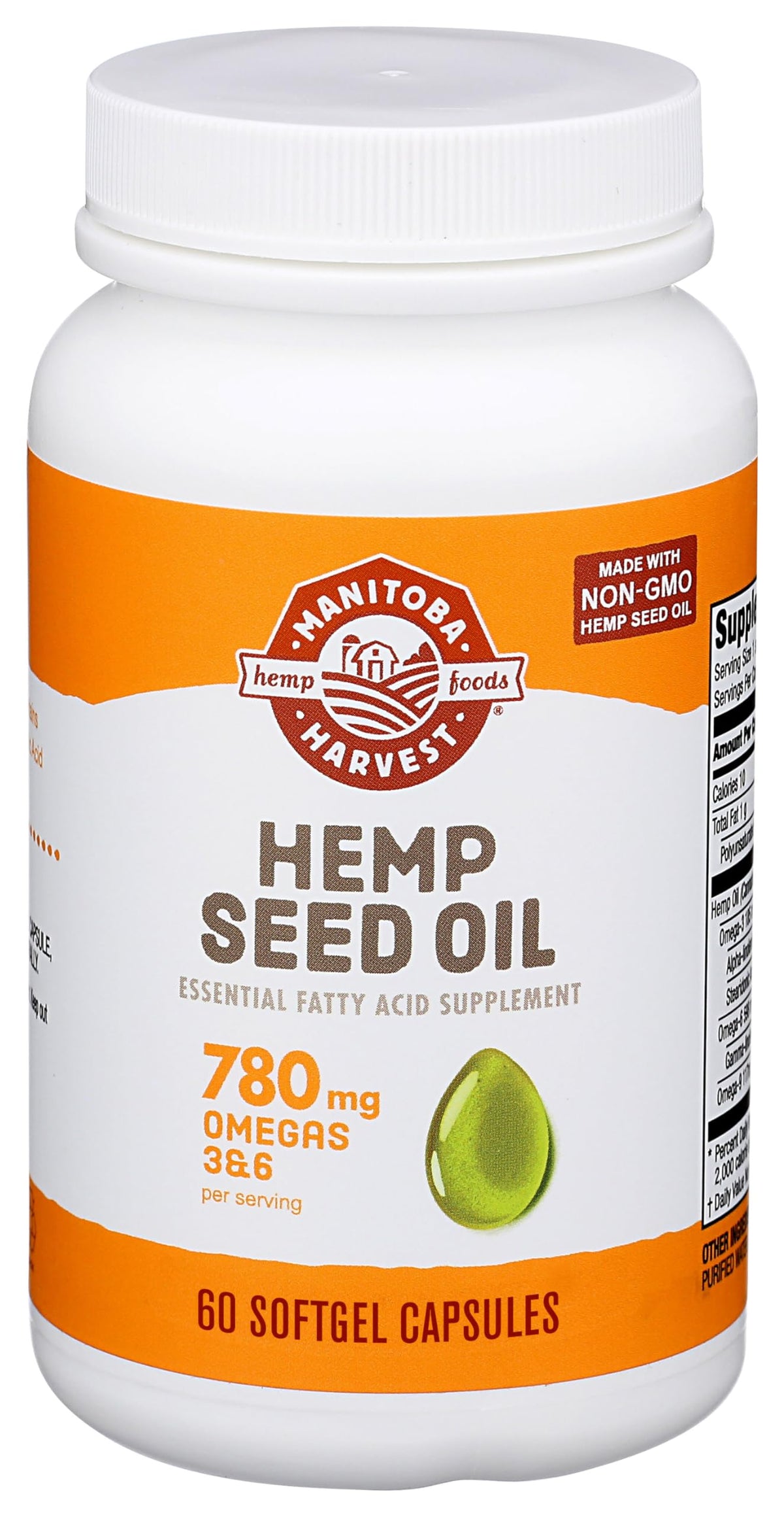 Manitoba Harvest Hemp Seed Oil Softgels bottle with 2,475 mg plant-based omegas per serving