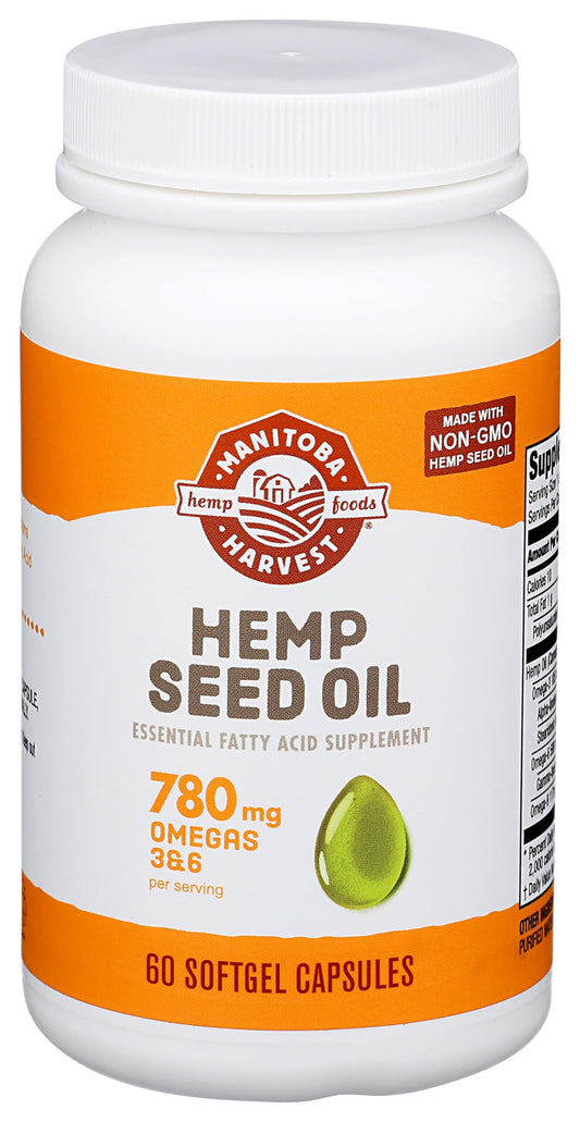 Manitoba Harvest Hemp Seed Oil Softgels bottle with 2,475 mg plant-based omegas per serving