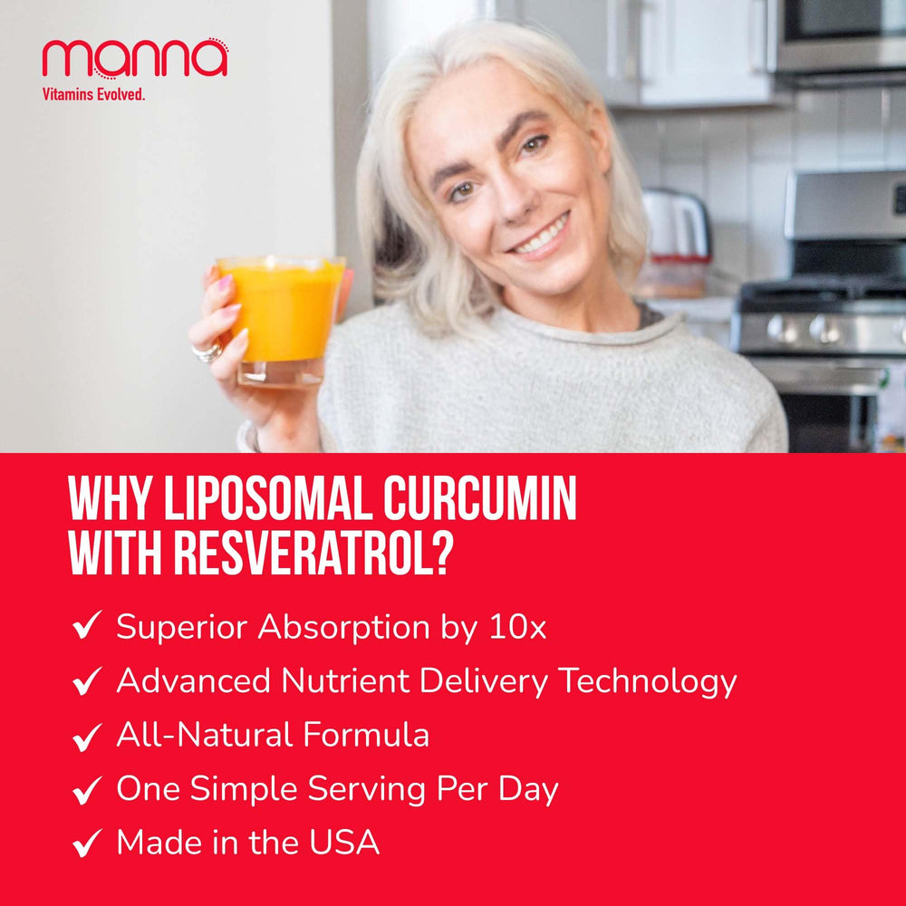 Ingredient panel showing Curcumin and Resveratrol liposomal blend