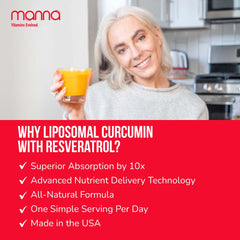 Ingredient panel showing Curcumin and Resveratrol liposomal blend