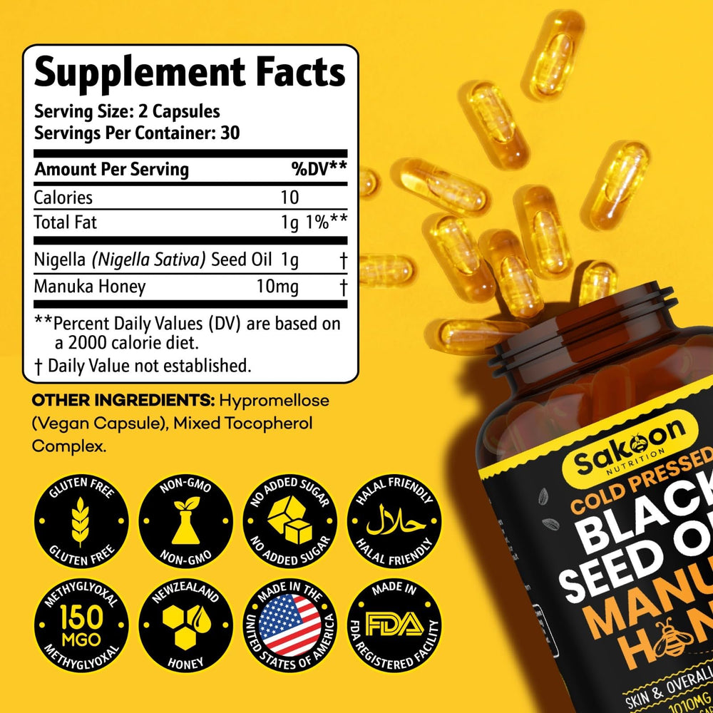 Image of Manuka honey and Turkish Nigella Sativa oil combined in capsule