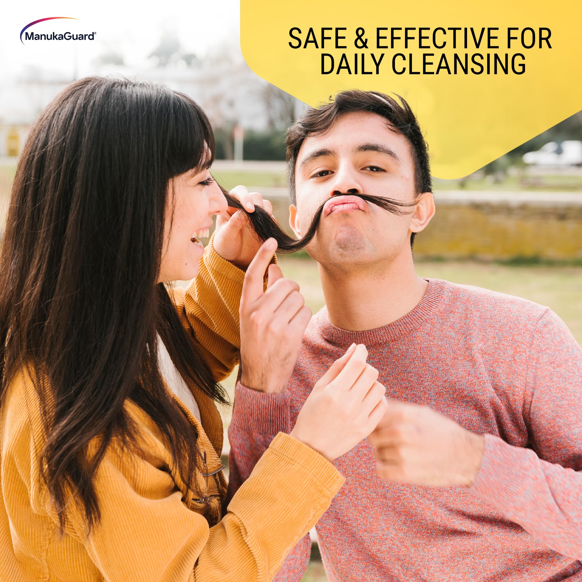 Hands using ManukaGuard Deep Allercleanse with 1–2 pumps for nasal comfort.