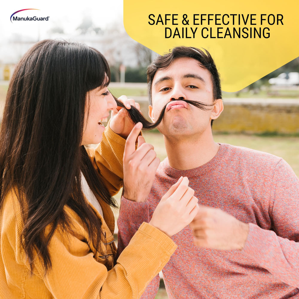 Hands using ManukaGuard Deep Allercleanse with 1–2 pumps for nasal comfort.