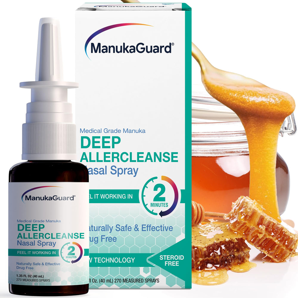ManukaGuard Deep Allercleanse nasal spray bottle with fine mist for congestion relief.