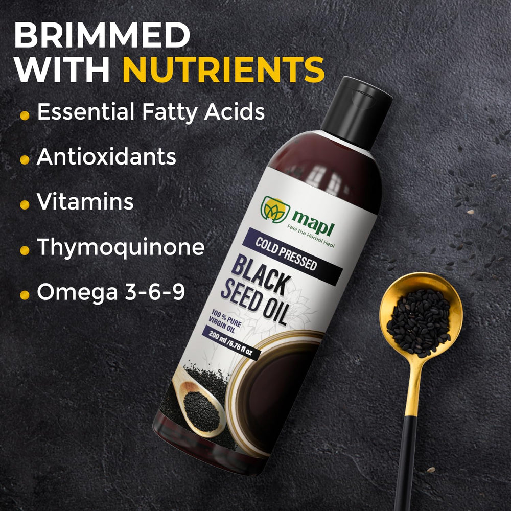 Label on Mapl Black Seed Oil bottle showing organic non GMO vegan