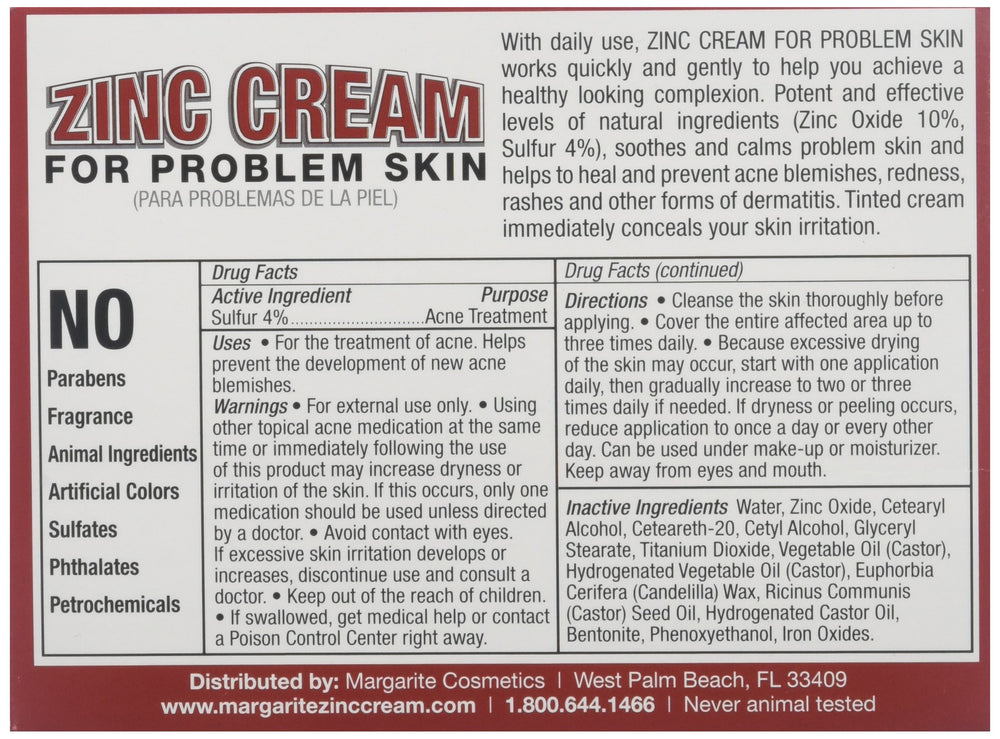 Margarite Zinc Cream 1oz blemish-coverage application helps conceal redness while combating breakouts