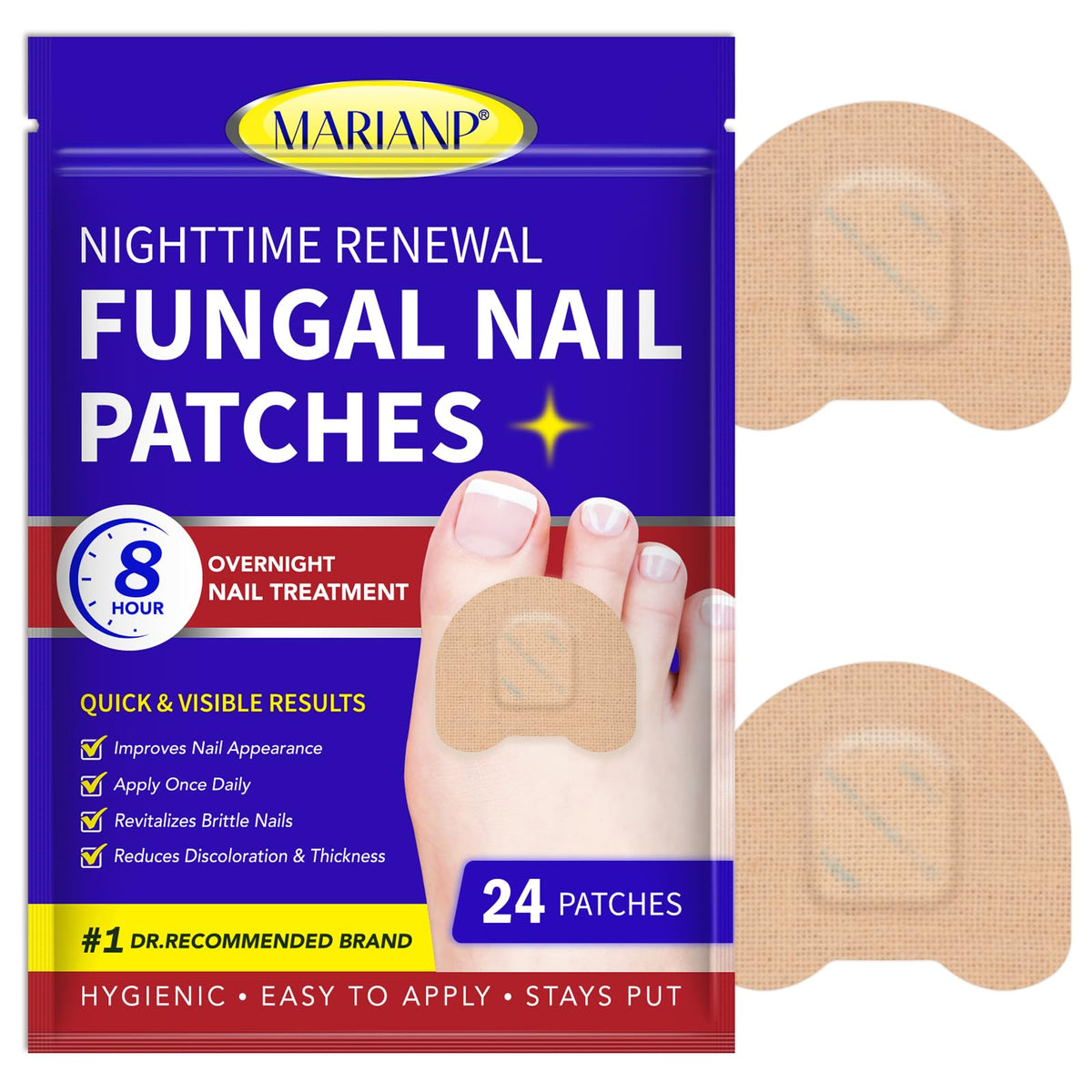 Marianp Toenail Patches pack close-up showing patch texture for healthier-looking nails.