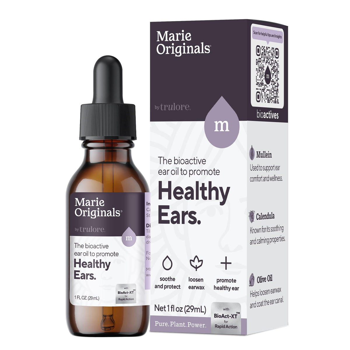 Marie Originals ear oil drops bottle pour demonstrates easy daily dosing for comfort