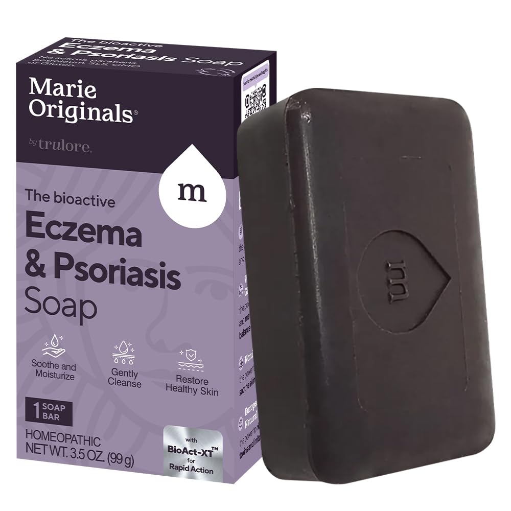 Marie Originals eczema face soap bar packaging highlights gentle, toxin-free cleansing for irritated skin.