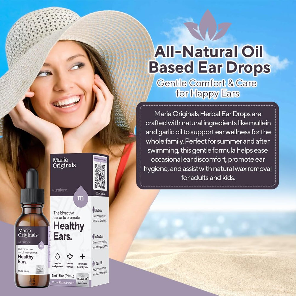 Marie Originals natural ear oil drops pack showcases herbal formula for soothing ear care