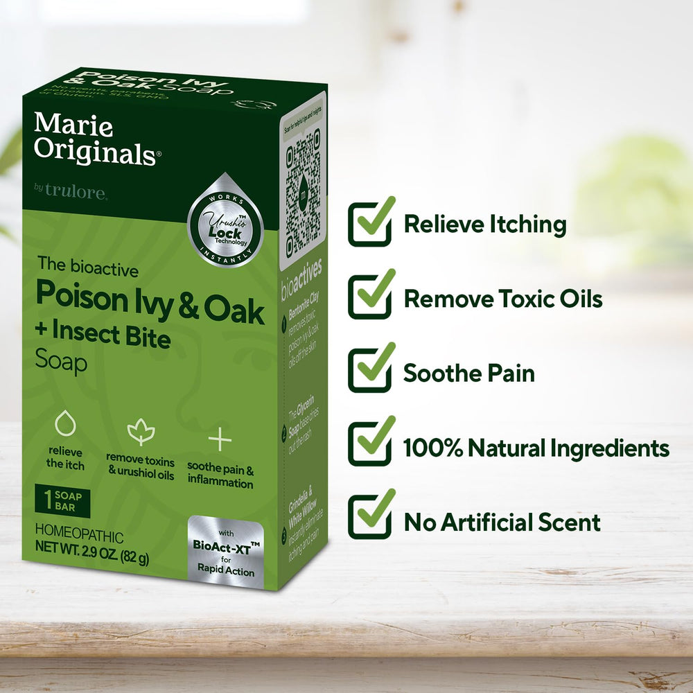Marie Originals Poison Ivy Bar close-up shows sassafras root and clay for soothing itching