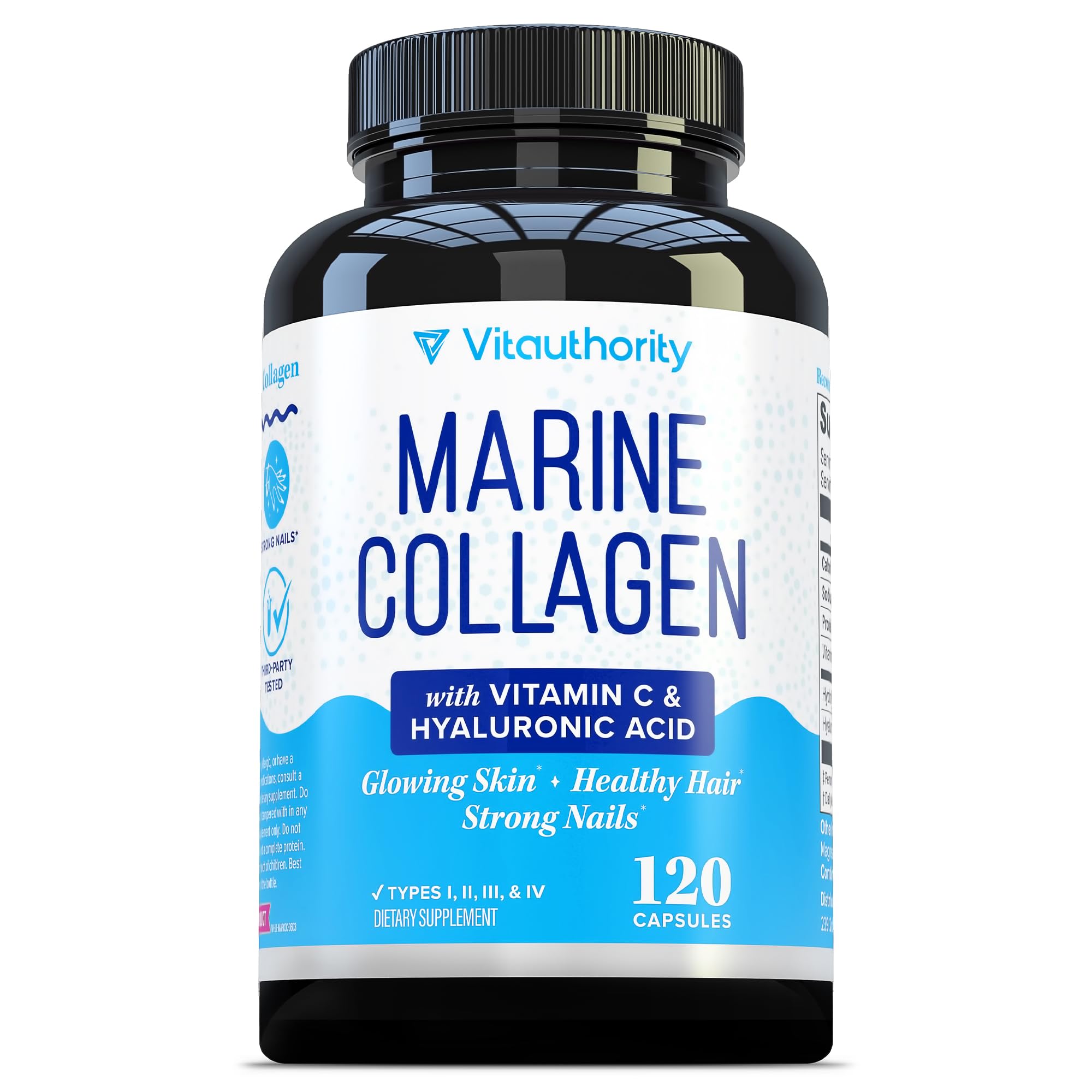 Bottle of marine collagen capsules labeled 2000mg per serving