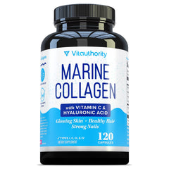 Bottle of marine collagen capsules labeled 2000mg per serving