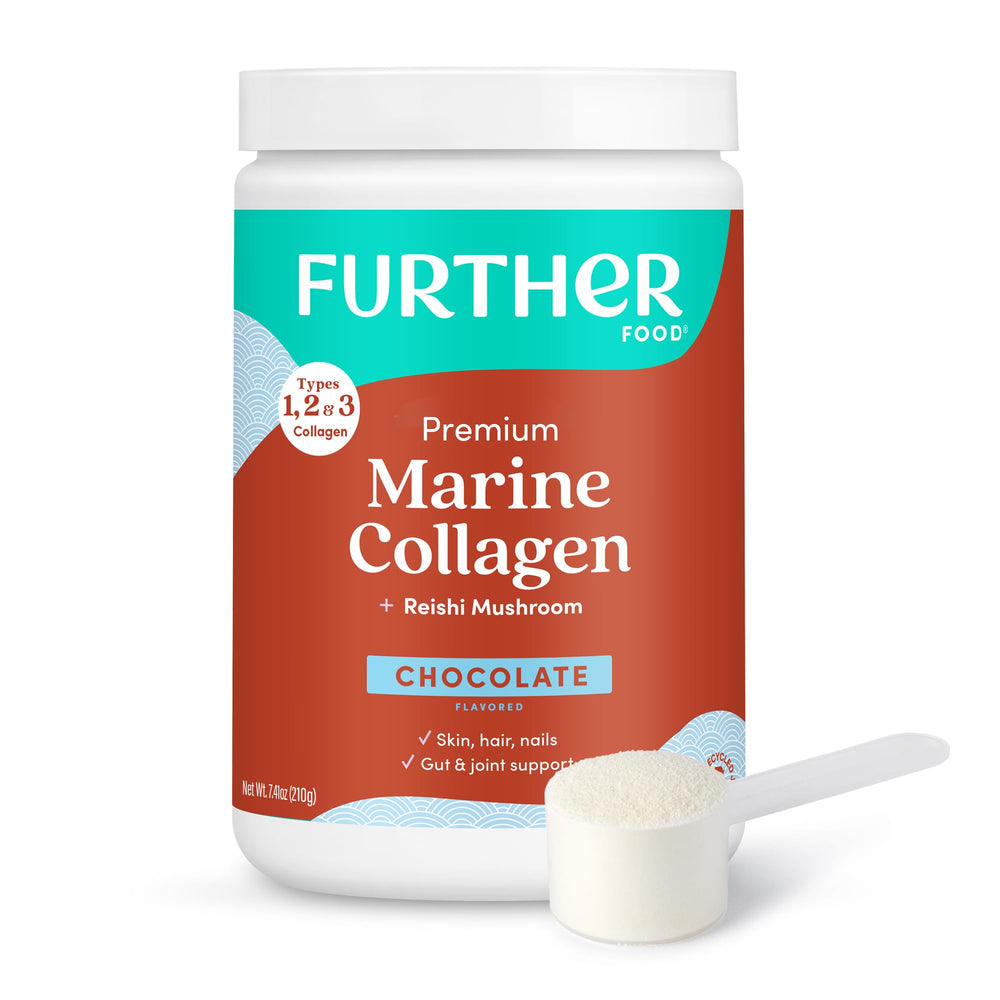 Front view of the Further Food Chocolate Marine Collagen Peptides Powder with Reishi bottle, 7.41 oz
