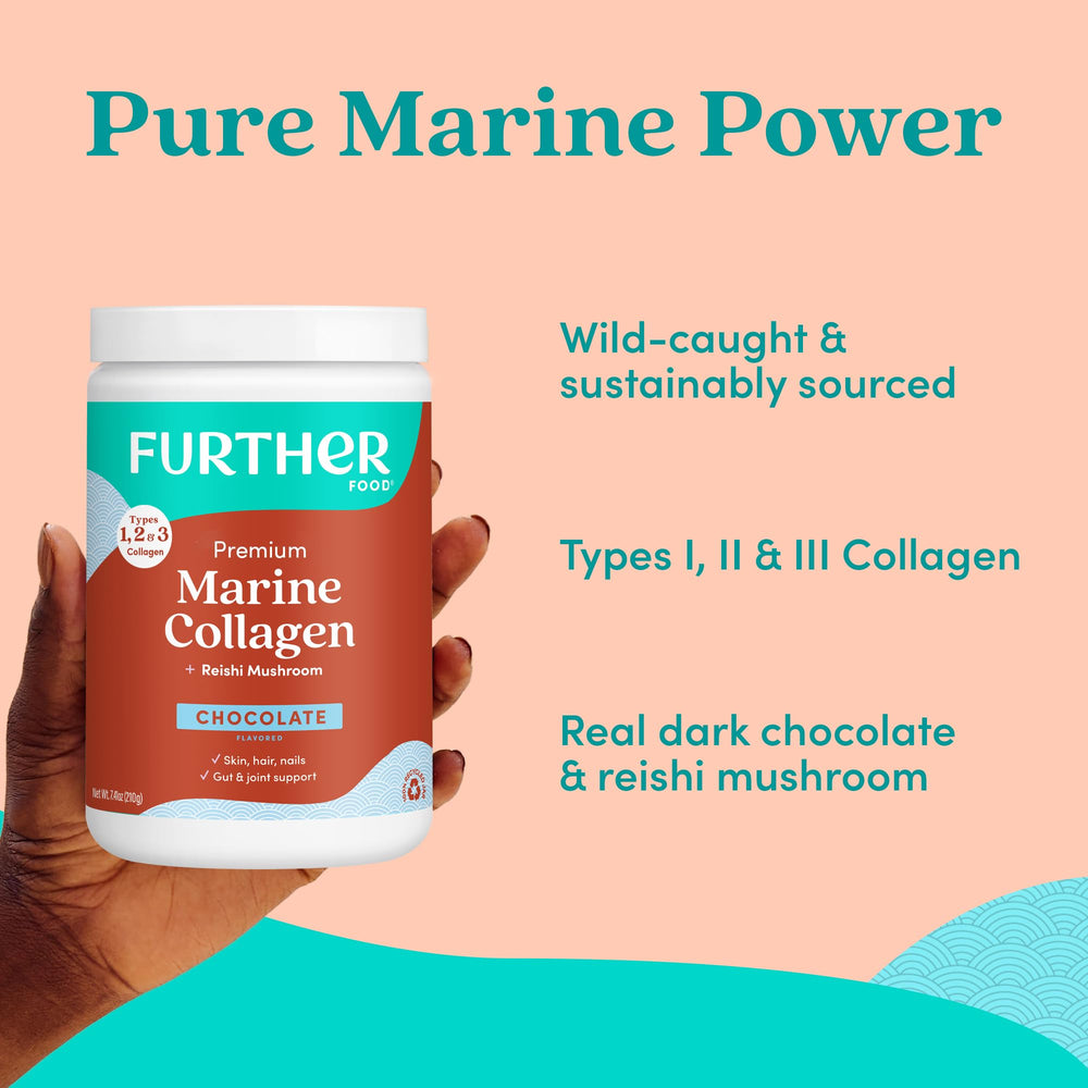 Scoop of chocolate marine collagen powder with a measuring spoon