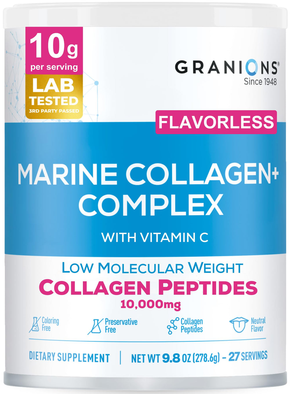 Front view of Marine Collagen Powder Unflavored bottle (9.8oz)