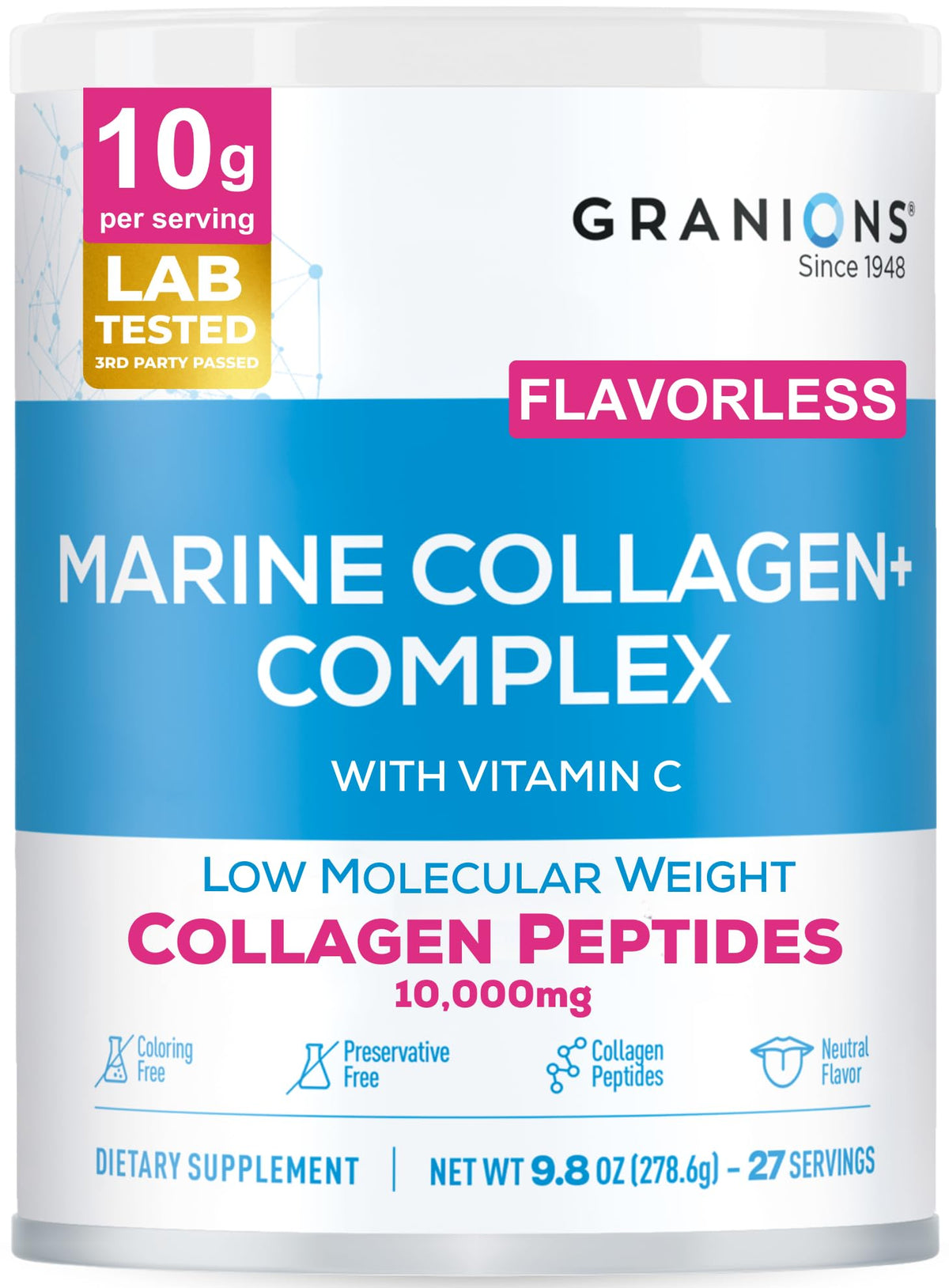 Front view of Marine Collagen Powder Unflavored bottle (9.8oz)