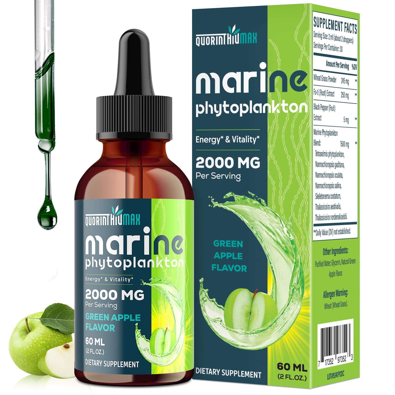 Marine Phytoplankton Drops 2000mg Green Apple flavor bottle, 2oz
