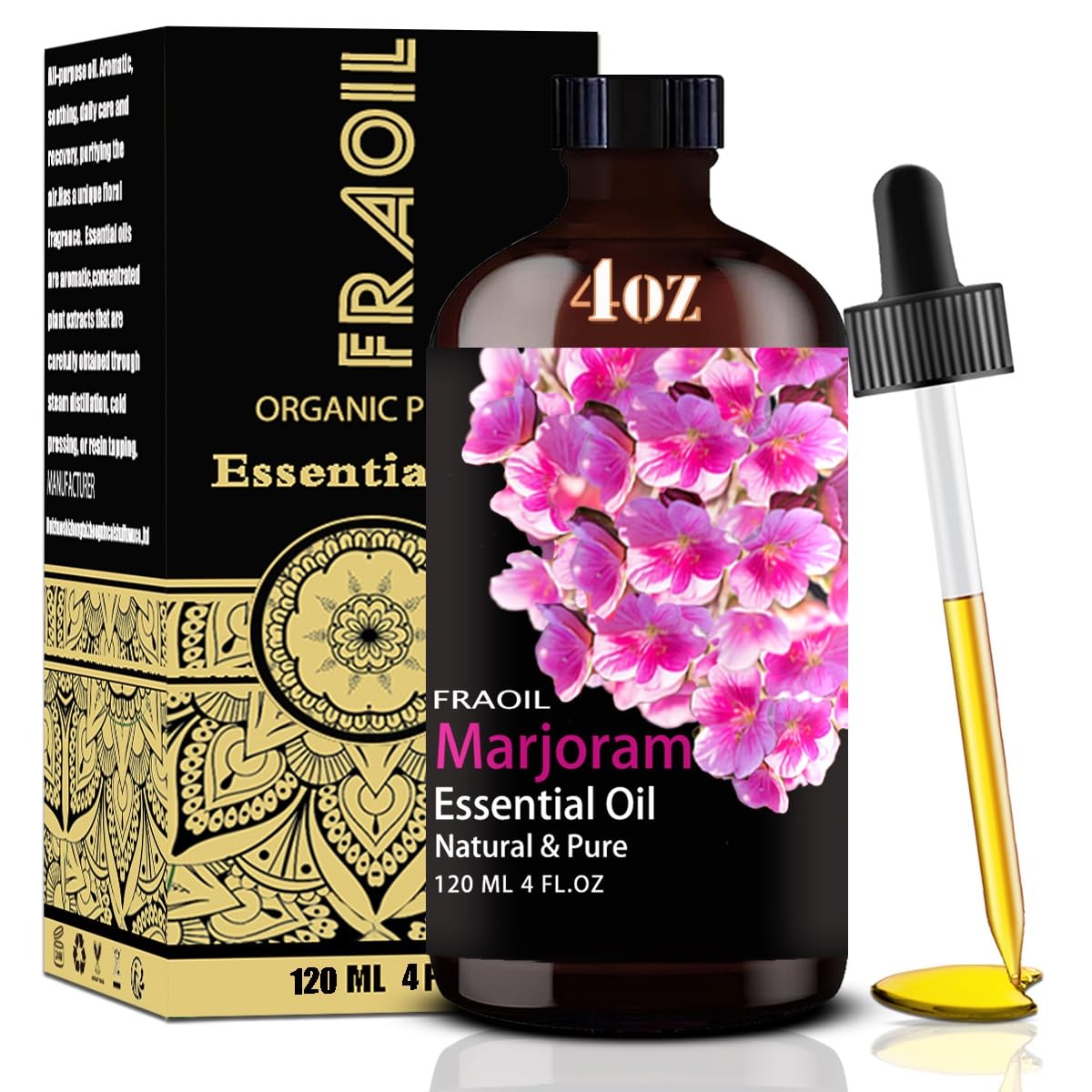 4 oz (120 ml) amber glass bottle of Marjoram Essential Oil with dropper