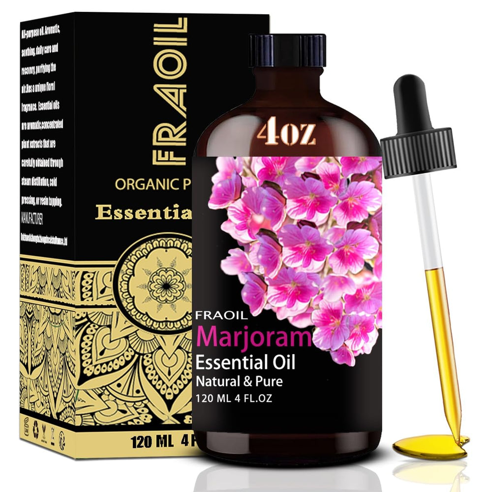 4 oz (120 ml) amber glass bottle of Marjoram Essential Oil with dropper