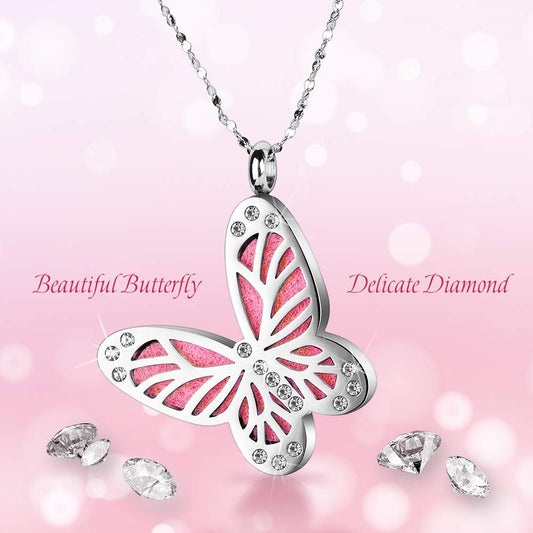Close-up of butterfly pendant with zircon accents