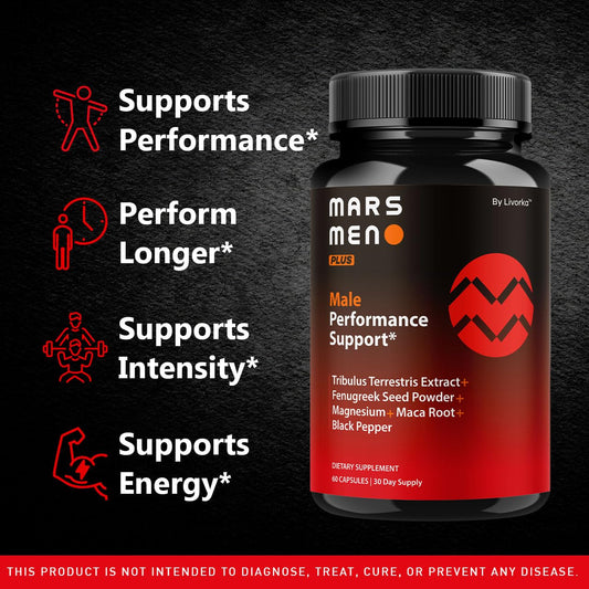 Close-up of Mars Men Plus supplement bottle
