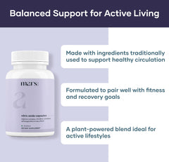 Back label of Mars Nitric Oxide Capsules bottle with information