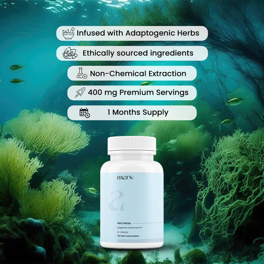 Close-up of Mars Sea Moss Caps Surge Natural bottle label