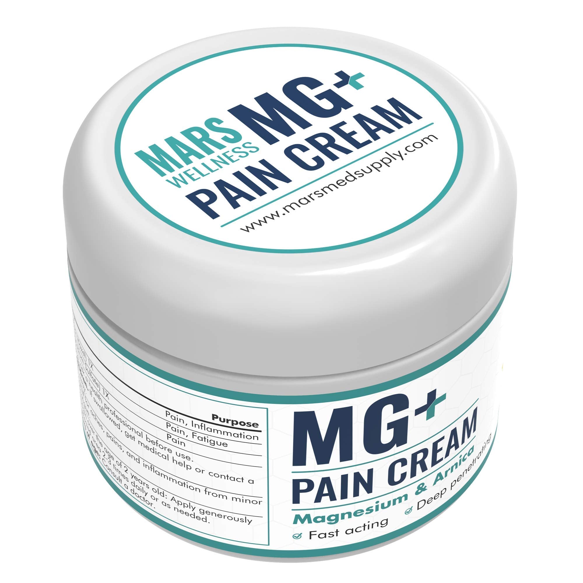 Mars Wellness MG+ Pain Cream label view emphasizing USA-made, all-natural ingredients