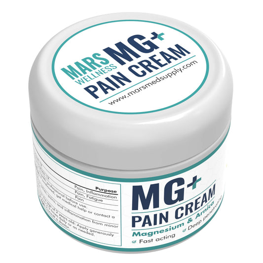Mars Wellness MG+ Pain Cream label view emphasizing USA-made, all-natural ingredients