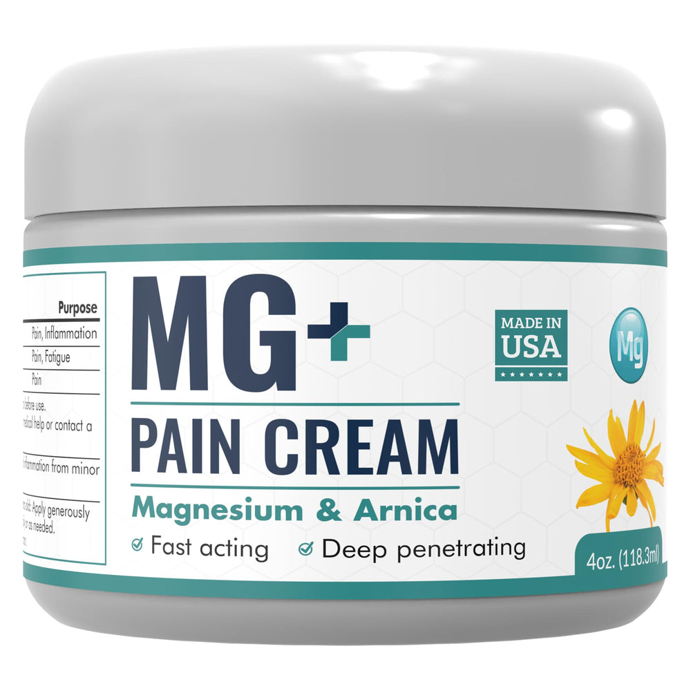 Mars Wellness MG+ Pain Cream tube closeup highlighting magnesium-arnica formula for targeted relief