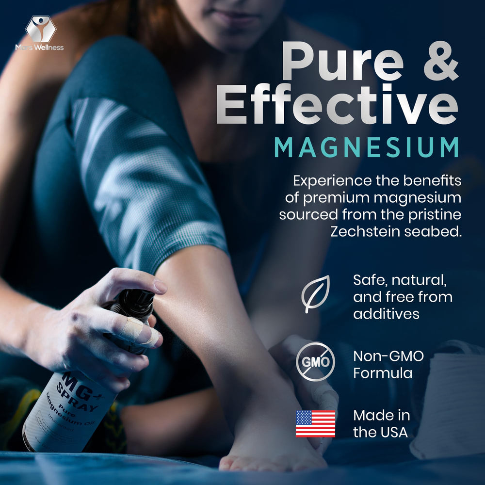 Close-up of the Mars Wellness MG+ Magnesium Oil Spray label
