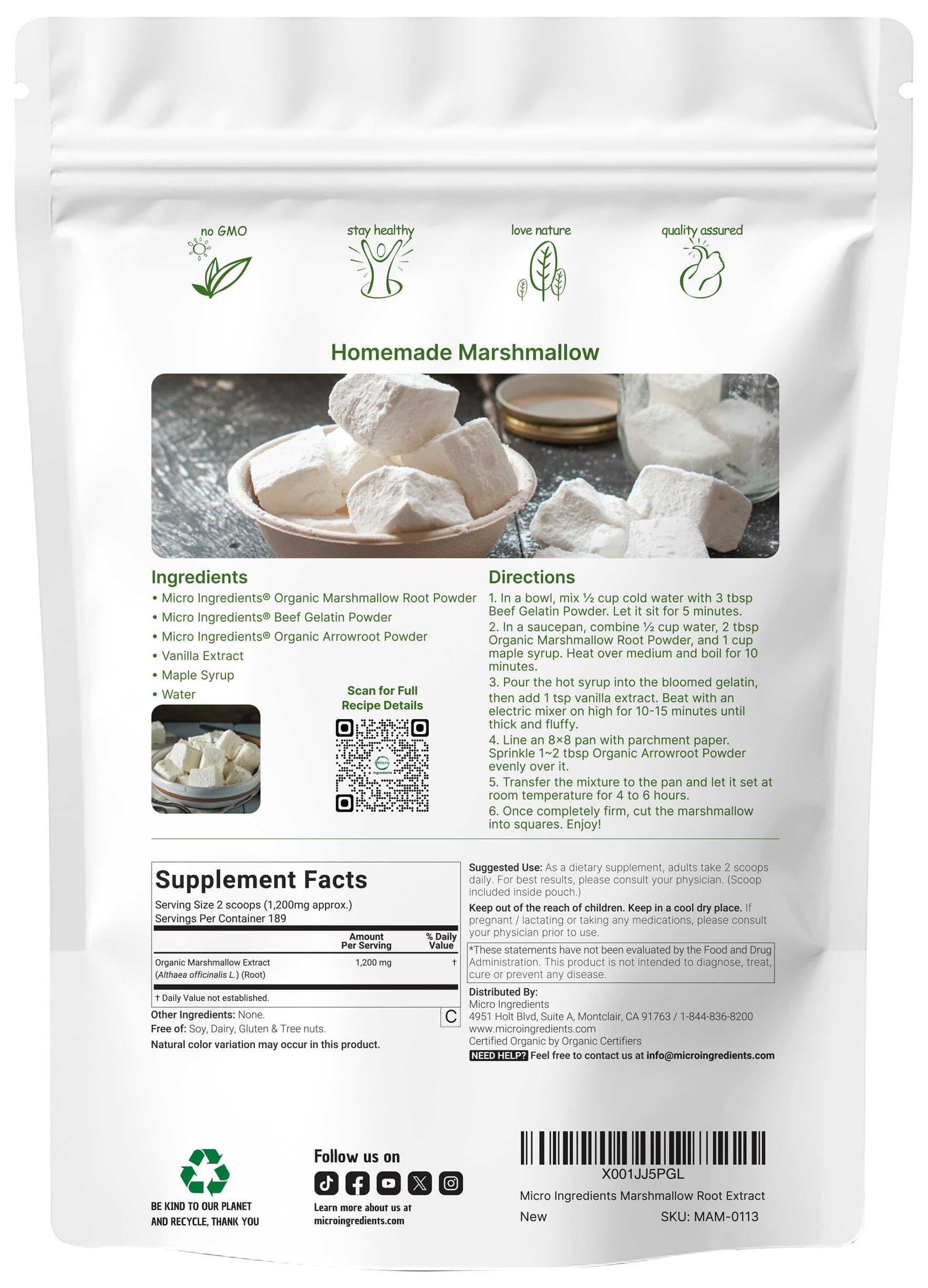 Front view of marshmallow root powder packaging