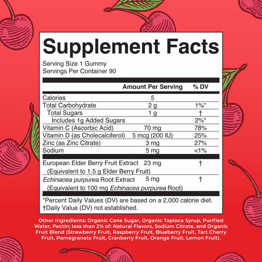 Back nutrition panel of Mary Ruth's 5-in-1 Immunity Gummies Cherry flavor