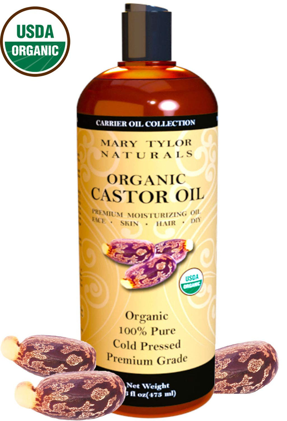 Close-up pour of Mary Tylor Naturals castor oil in amber bottle for easy use